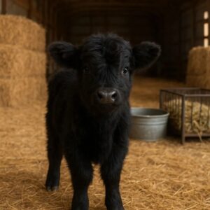 Miniature Heifers for Sale standing in pasture at Brite Ranch Farm, healthy mini Highland and micro mini cows with fluffy coats and calm temperament